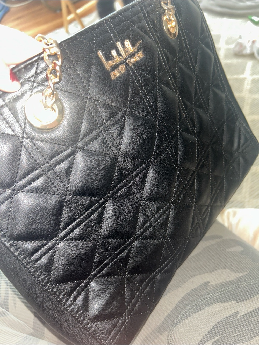 Nicole Miller Quilted Black Tote Shoulder Bag with Gold Chain Handles- Nwot
